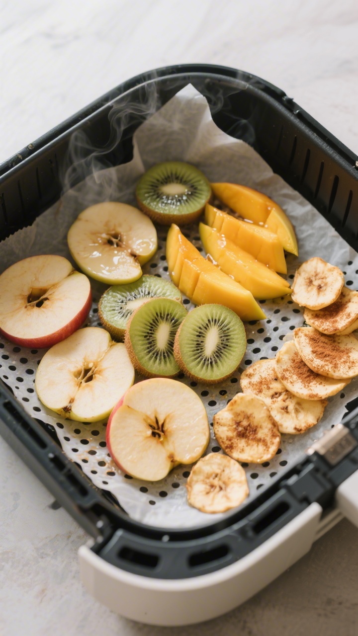 Cooking process: Slices arranged in a single layer inside an air fryer basket lined with perforated