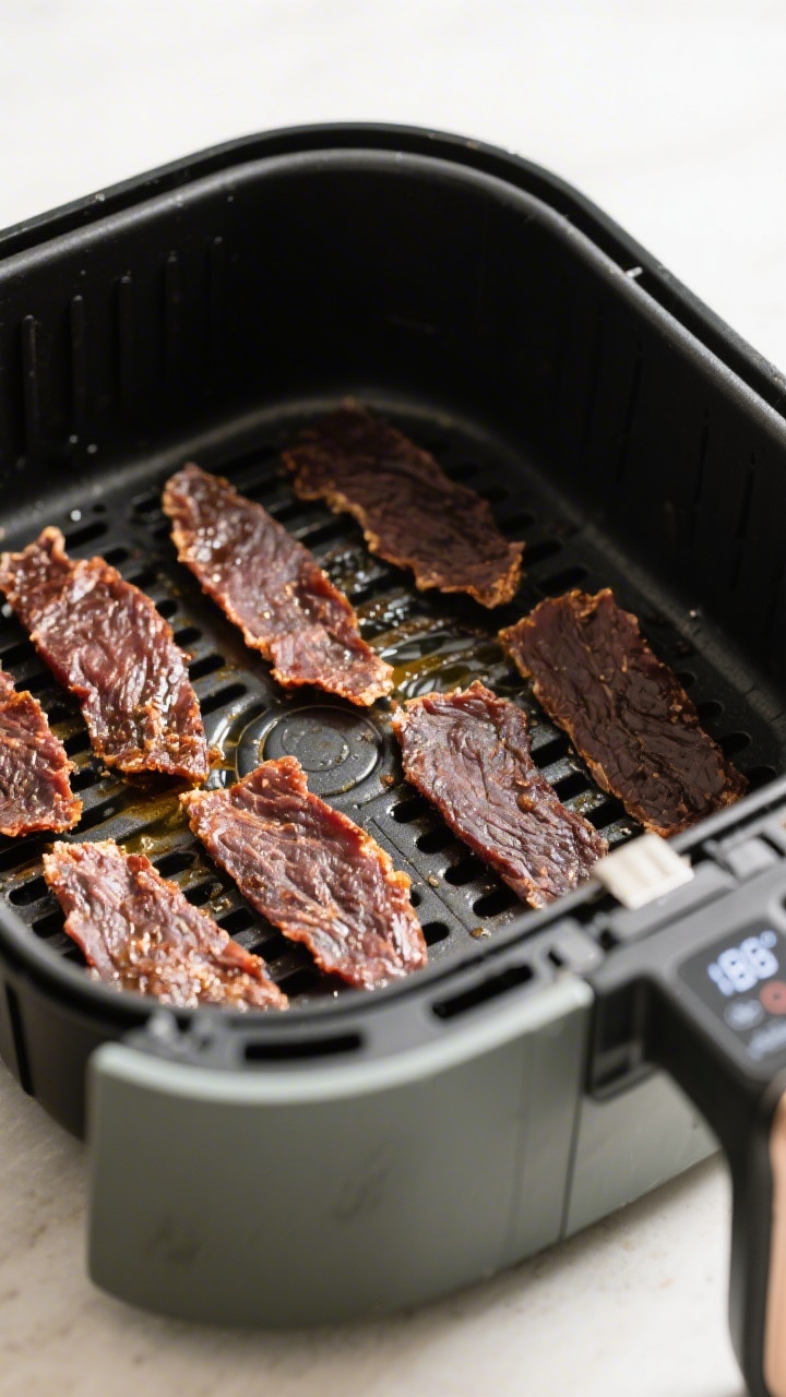 Cooking process: Slices of venison jerky arranged in a single layer in an air fryer basket, evenly s
