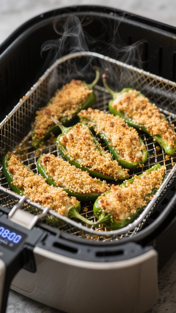Cooking process: Stuffed jalapenos in the air fryer mid-cook at 375°F, panko topping turning golden