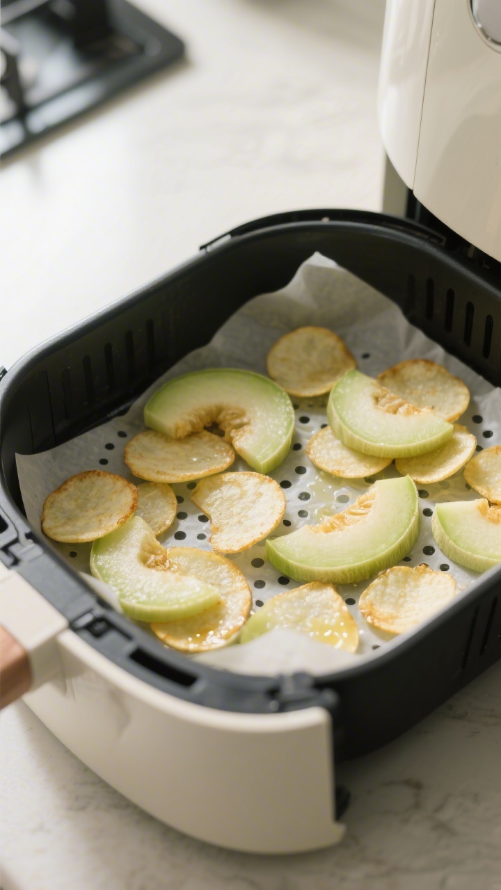 Cooking process: Thin, even honeydew rounds arranged in a single layer inside an air fryer basket li