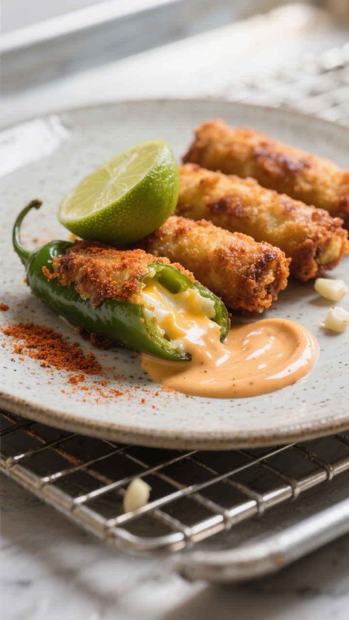 Final dish beauty: Restaurant-quality close-up of plated jalapeno poppers resting 2–3 minutes on a
