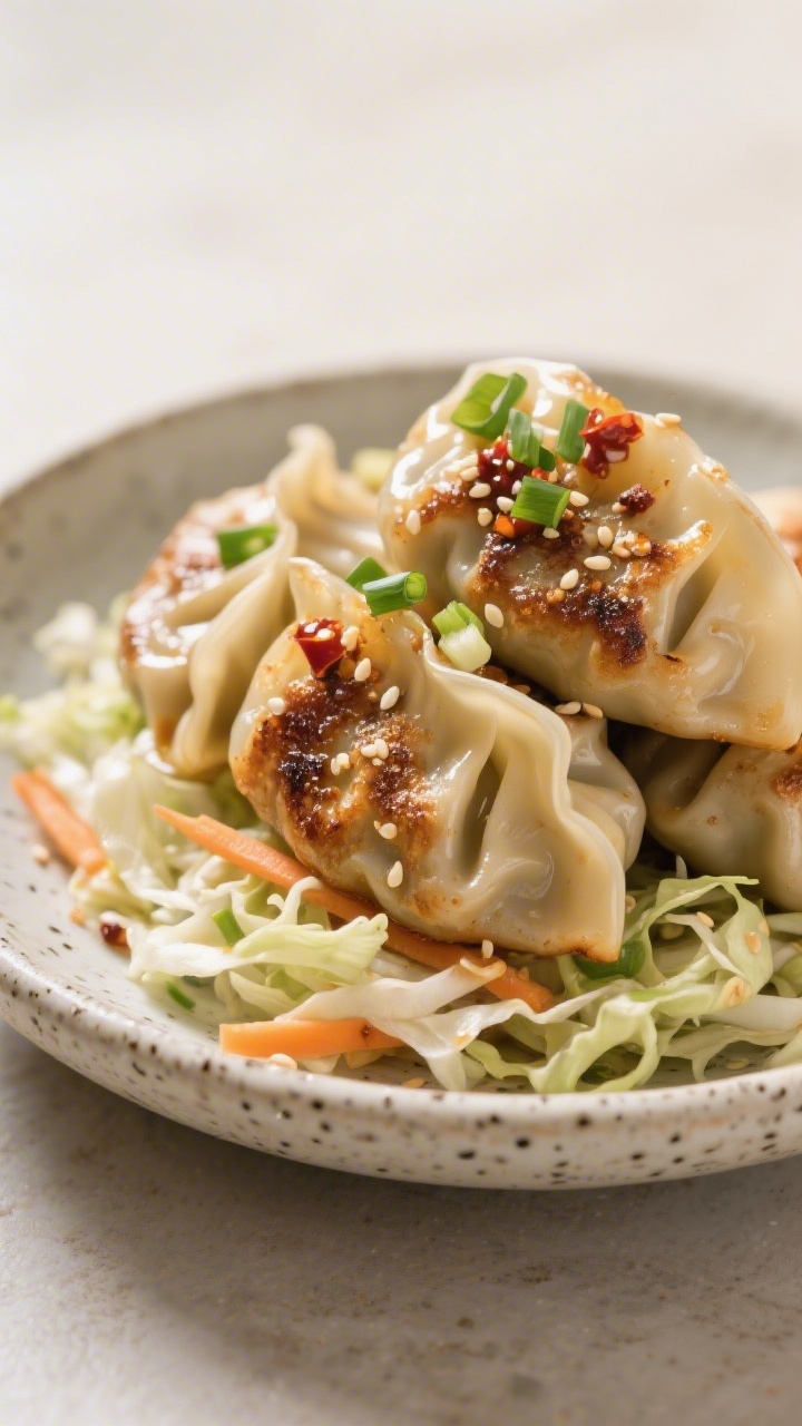 Final dish beauty shot at a 45-degree angle: mandu piled on a shallow speckled stoneware bowl over a