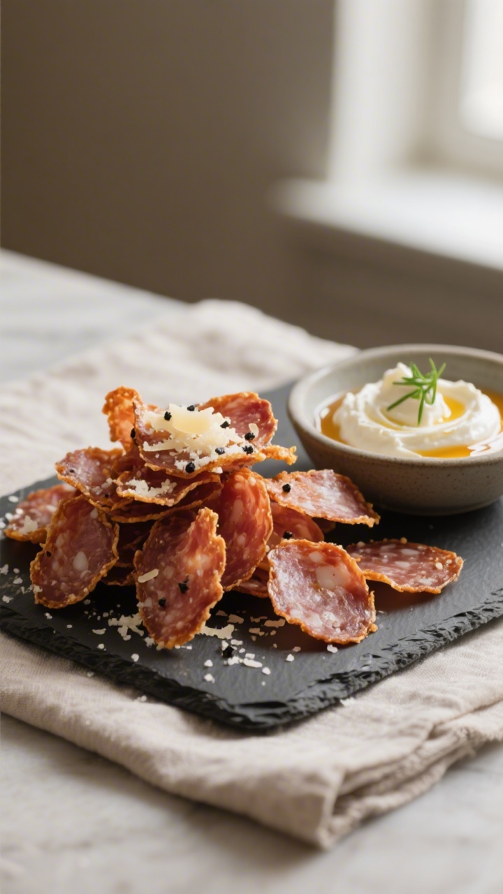 Final dish beauty shot: Pile of ultra-crispy salami chips on a small dark slate board, finished warm