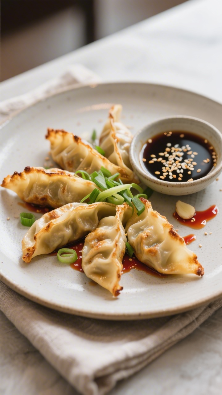 Final dish plated: Beautifully arranged air-fried potstickers fanned on a matte ceramic plate, wrapp