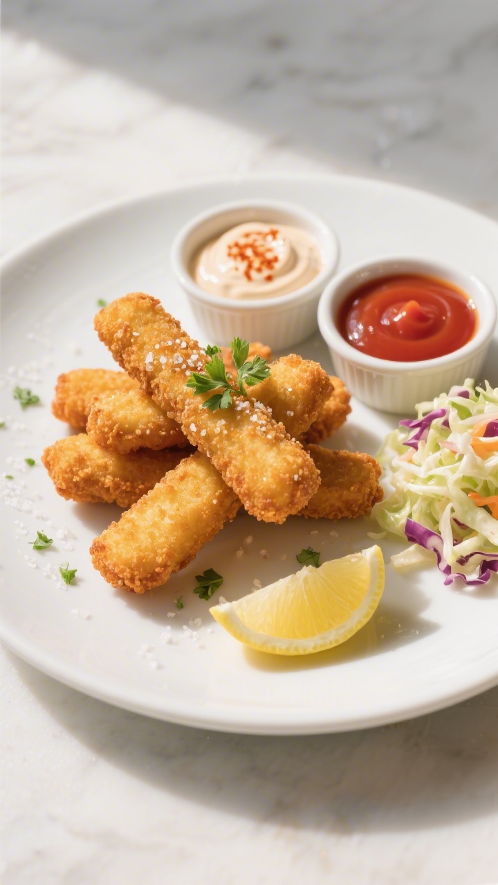 Final dish, plated presentation: Beautifully plated air-fried fish sticks stacked in a neat crisscro