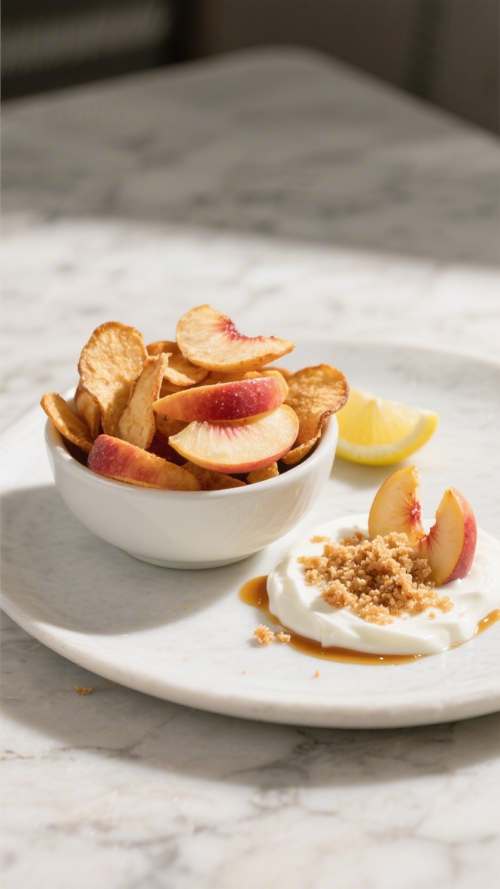 Final dish presentation: Beautifully plated Air Fryer Peach Chips as a snack-and-topping duo—small