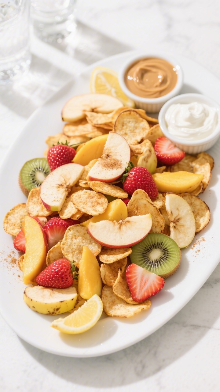 Final dish presentation: Beautifully plated Air Fryer Mixed Fruit Chips in a colorful party-ready sp