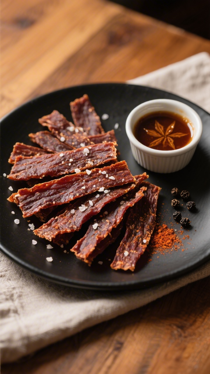 Final dish presentation: Beautifully plated air fryer bison jerky on a matte black platter, artfully