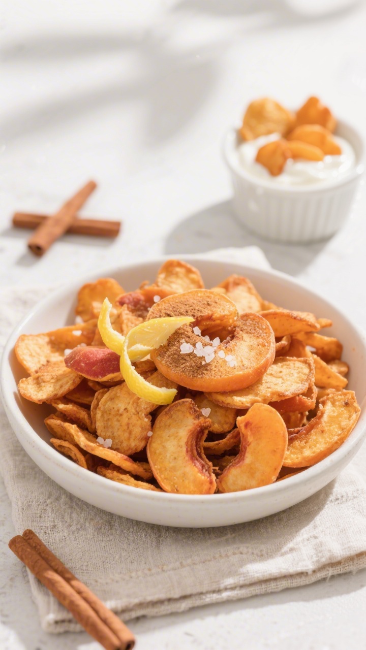 Final dish presentation: Beautifully plated air fryer apricot chips, crisp and chewy mix, piled artf