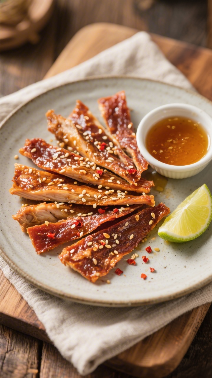 Final dish presentation: Beautifully plated air fryer honey chicken jerky arranged in a neat fan on