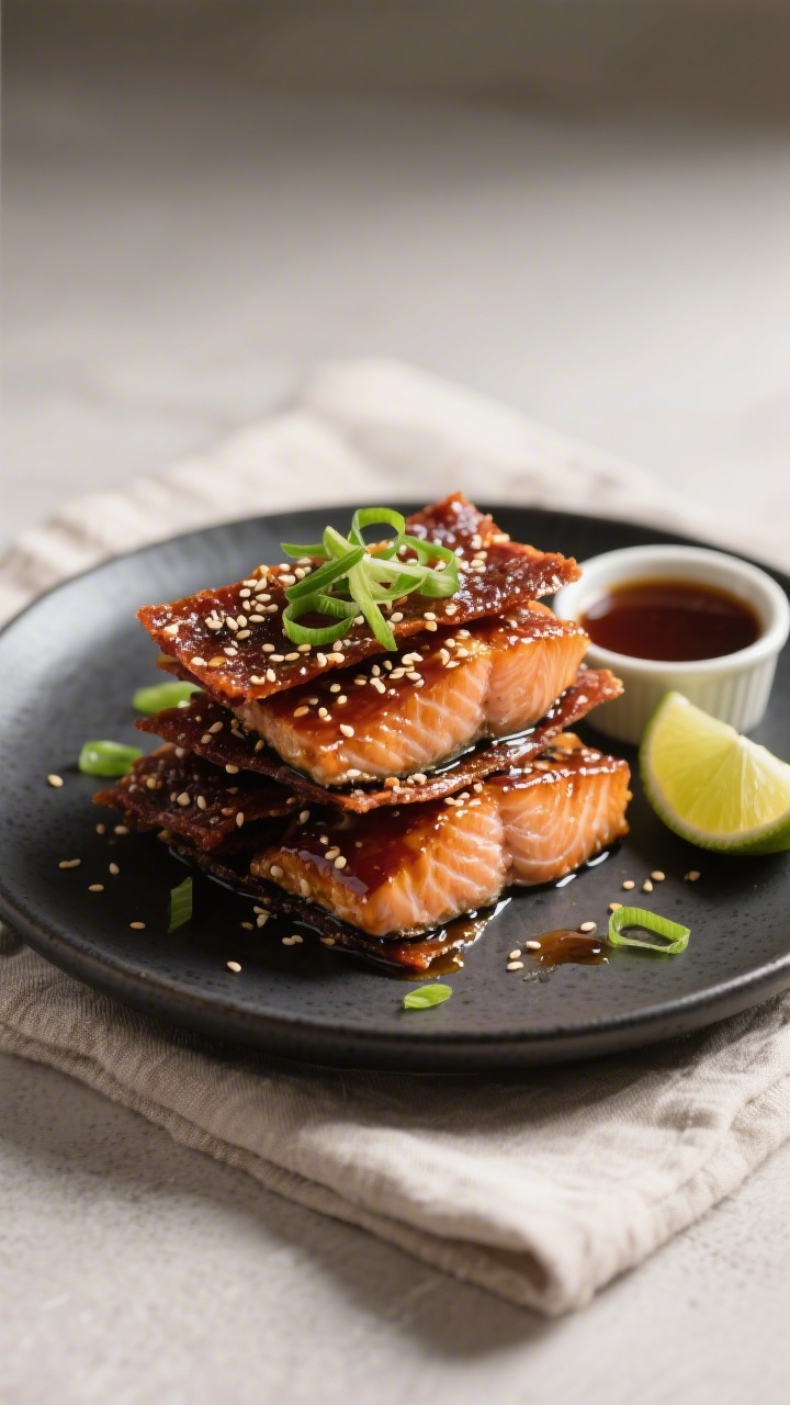 Final dish presentation: Beautifully plated Air Fryer Teriyaki Salmon Jerky stacked artfully on a da