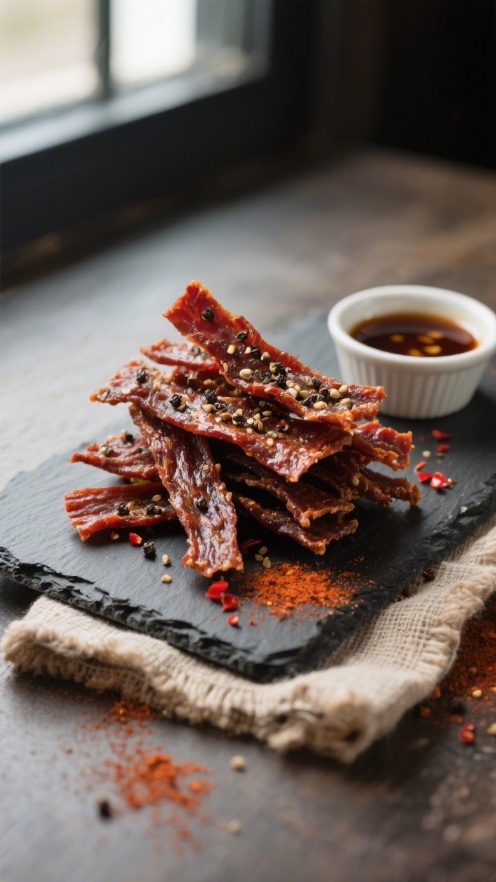 Final dish presentation: Beautifully plated Air Fryer Overnight Jerky on a dark slate board, stacked
