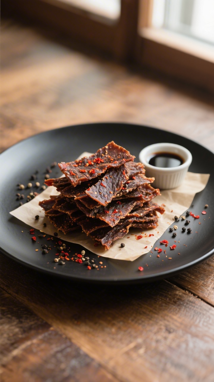 Final dish presentation: Beautifully plated Air Fryer Black Pepper Jerky stacked in a loose, rustic