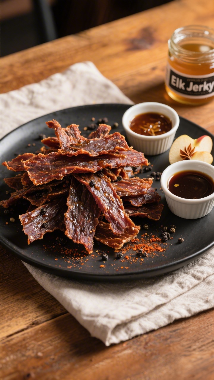 Final dish presentation: Beautifully plated air fryer elk jerky stacked in a rustic tangle on a matt