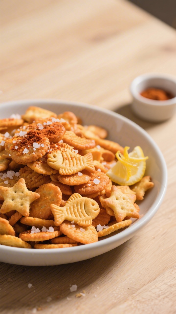 Final dish presentation: Beautifully plated bowl of homemade Goldfish crackers—mix of classic fish