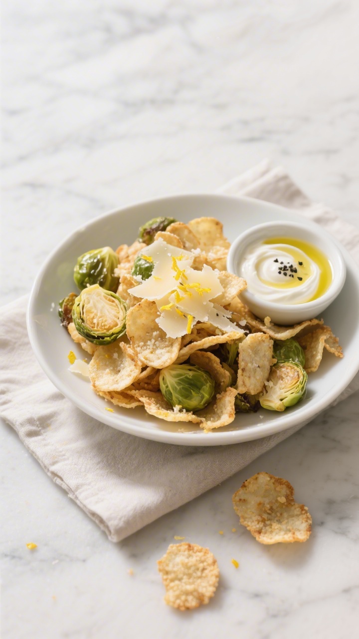 Final dish presentation: Beautifully plated Brussels sprouts chips in a wide, low white bowl, piled