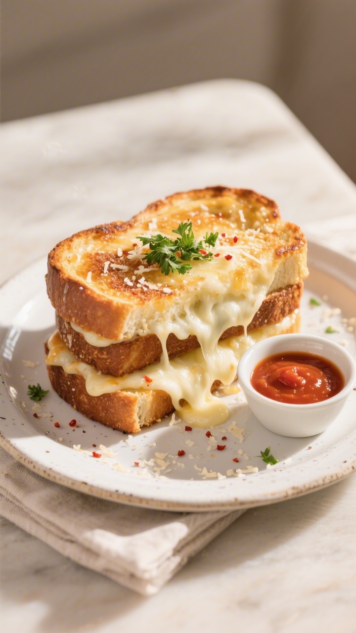 Final dish presentation: Beautifully plated cheesy garlic bread finish—Texas toast stacked slightl