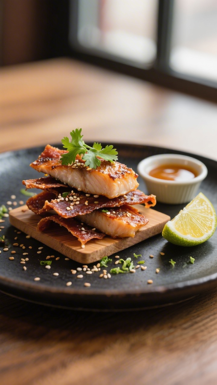 Final dish presentation: Beautifully plated mahi mahi jerky on a dark ceramic plate, styled as a sna