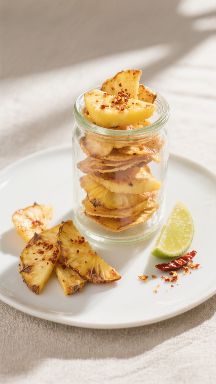 Final dish presentation: Beautifully plated mango and pineapple chips with a chili-lime seasoning fi