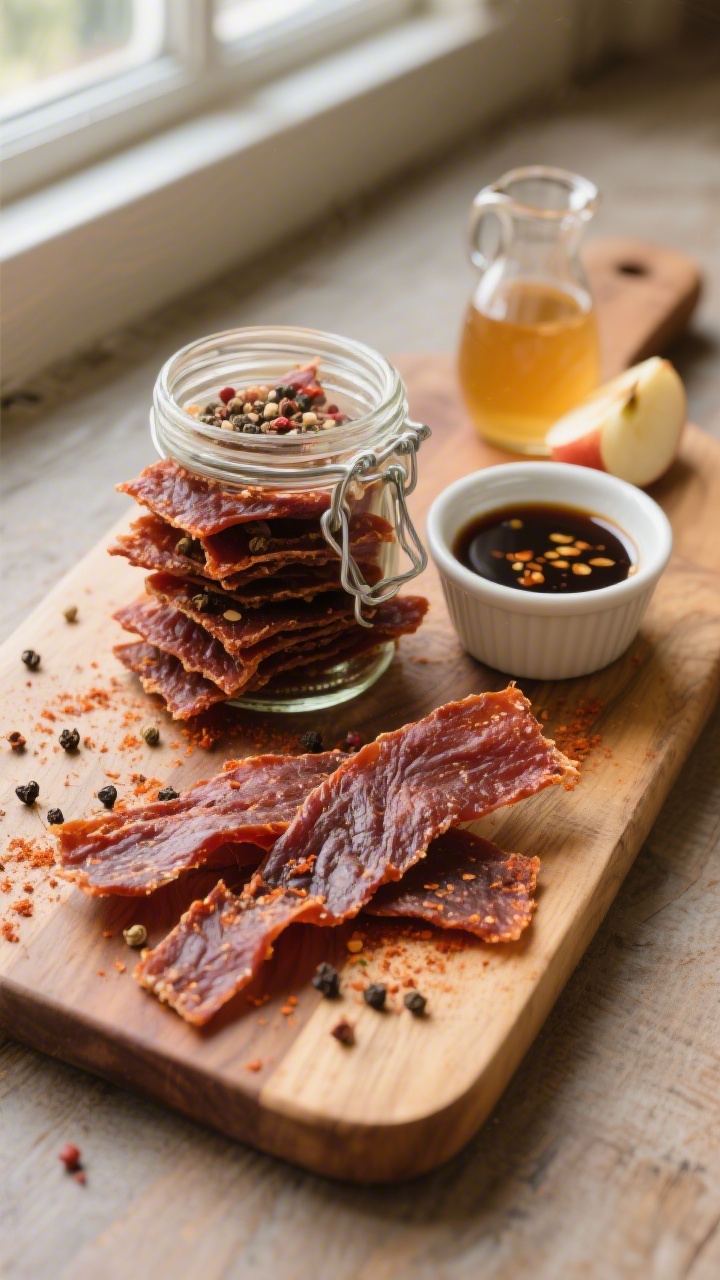 Final dish presentation: Beautifully plated no-sugar beef jerky for snacking and storage, rustic woo
