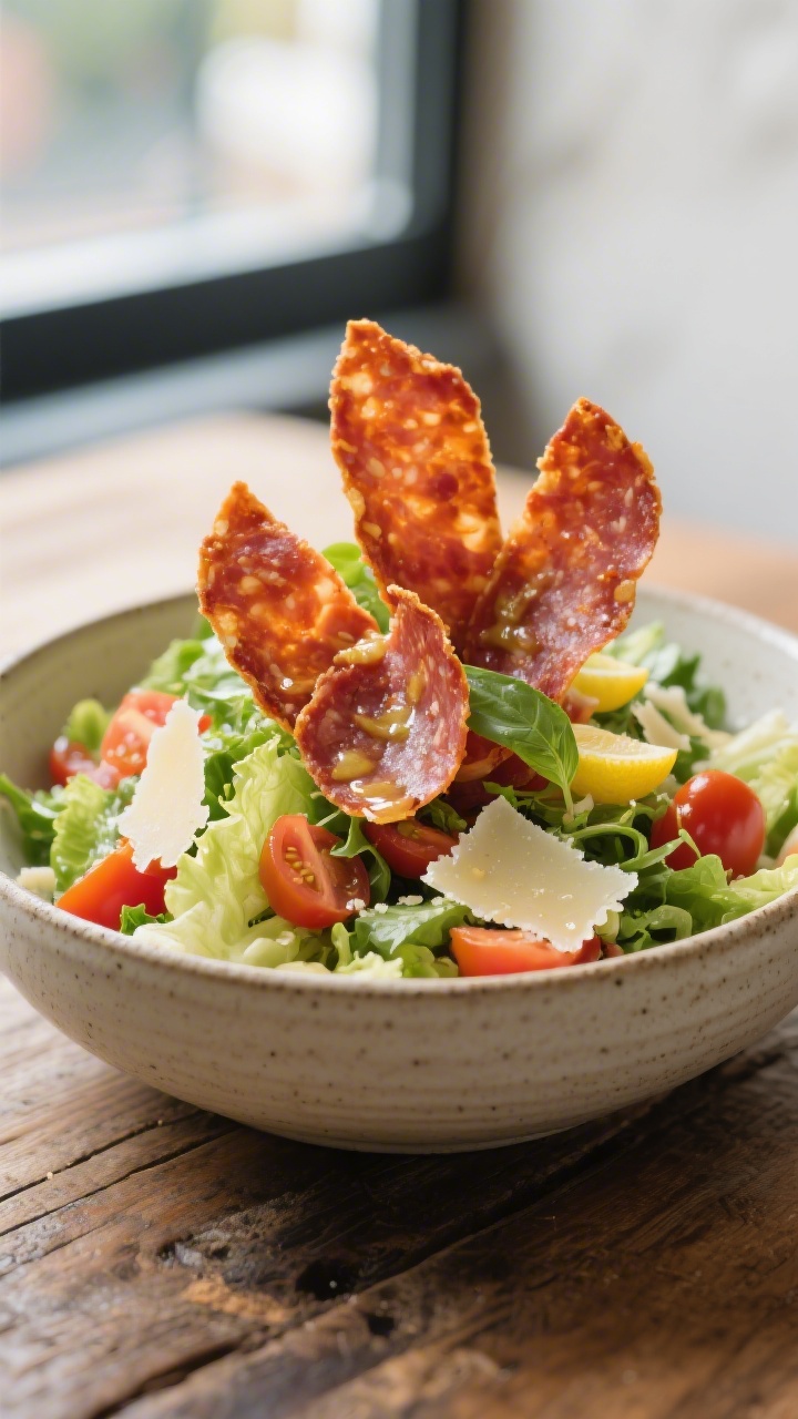 Final dish presentation: Beautifully plated pepperoni chips as a crunchy topper on a vibrant chopped