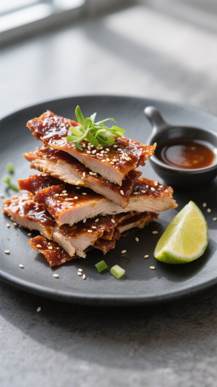 Final dish presentation: Beautifully plated stack of teriyaki turkey jerky on a matte charcoal plate