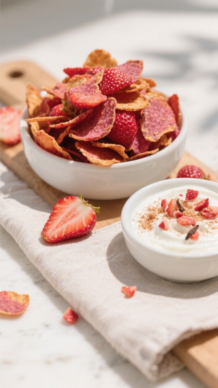 Final dish presentation: Beautifully plated strawberry chips served as a snack board—crisp, jewel-