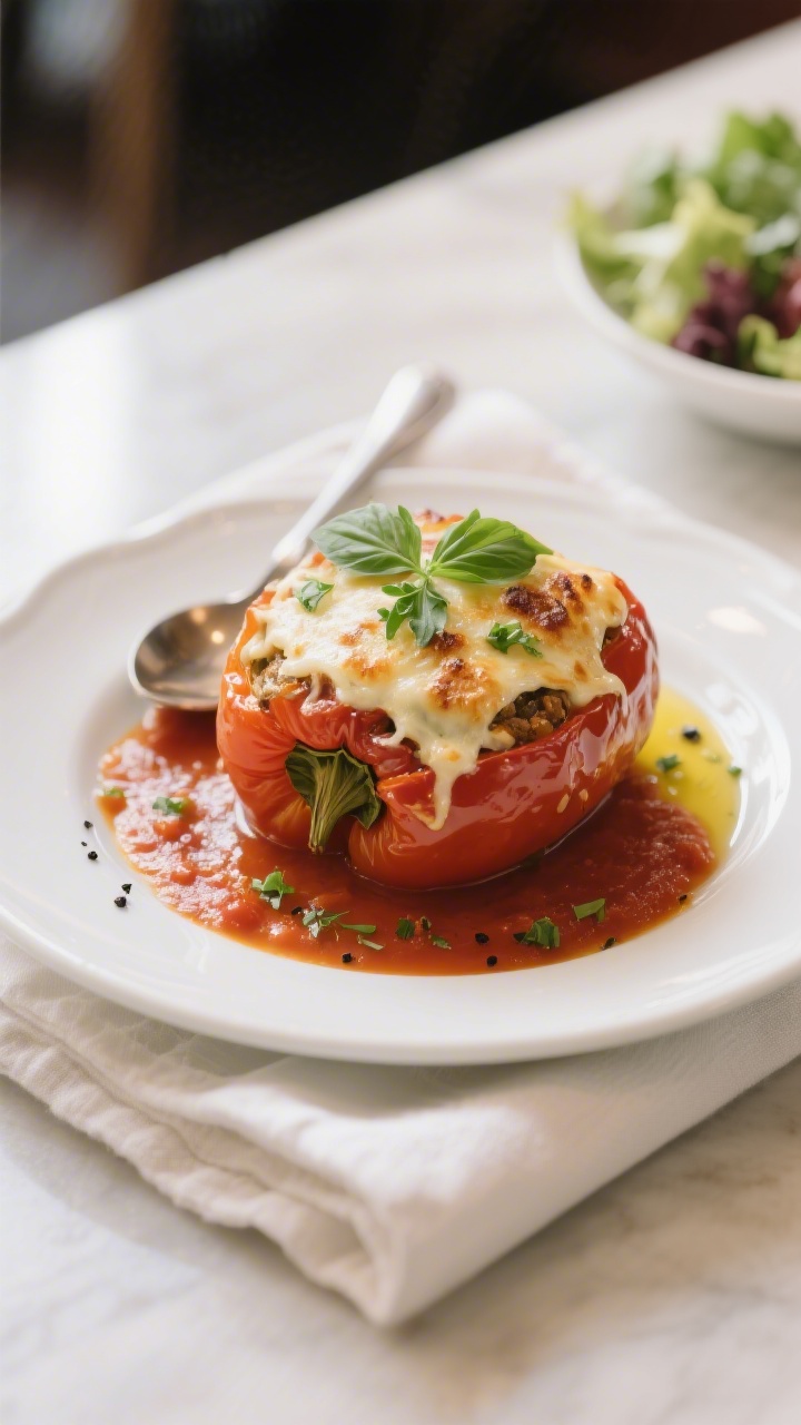 Final dish presentation: Beautifully plated stuffed pepper on a white ceramic plate with a spooned p