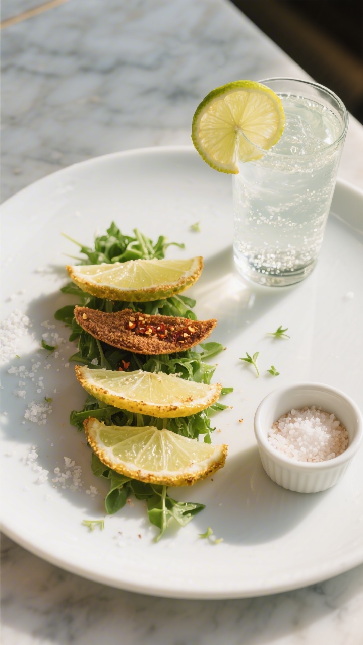 Final dish presentation: Beautifully plated trio of air-fryer lime slice variations on a matte white