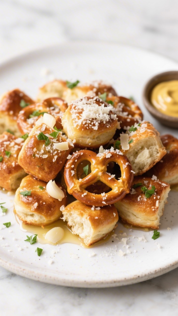 Final dish presentation: Garlic-Parmesan pretzel bites piled on a white stoneware plate, glistening