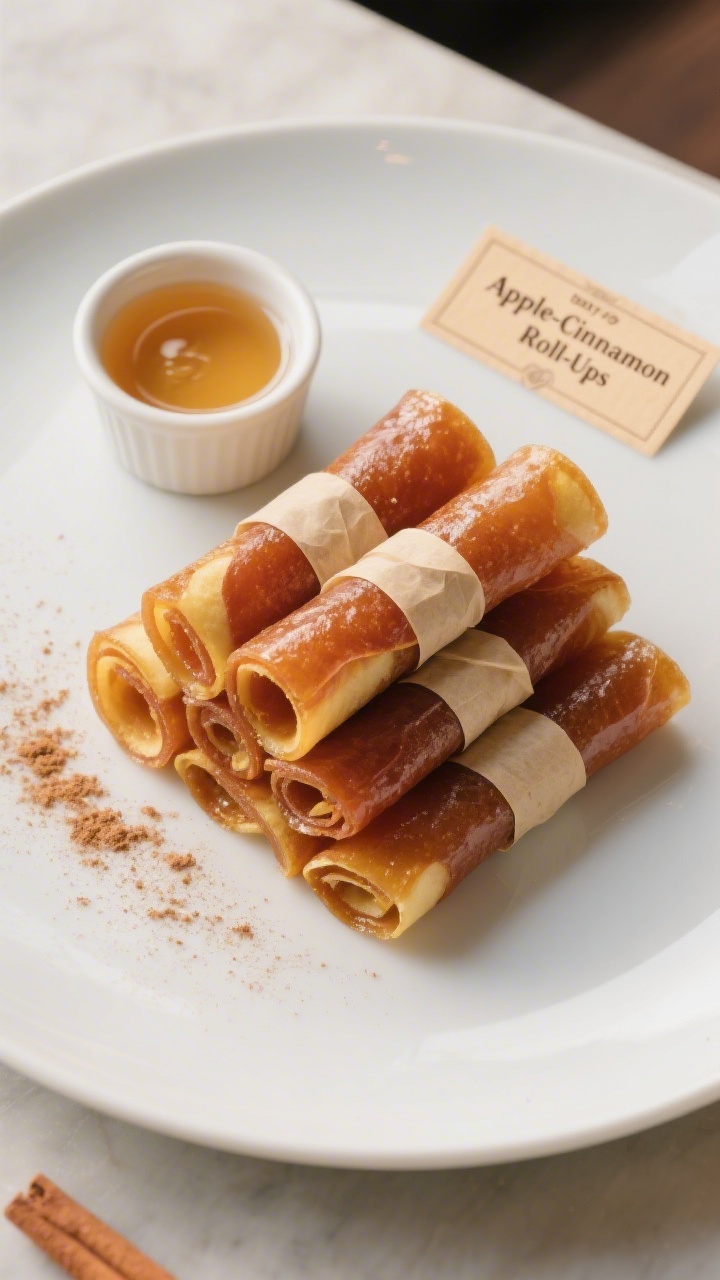 Final dish presentation: Overhead “tasty top view” of rolled apple fruit leather strips wrapped