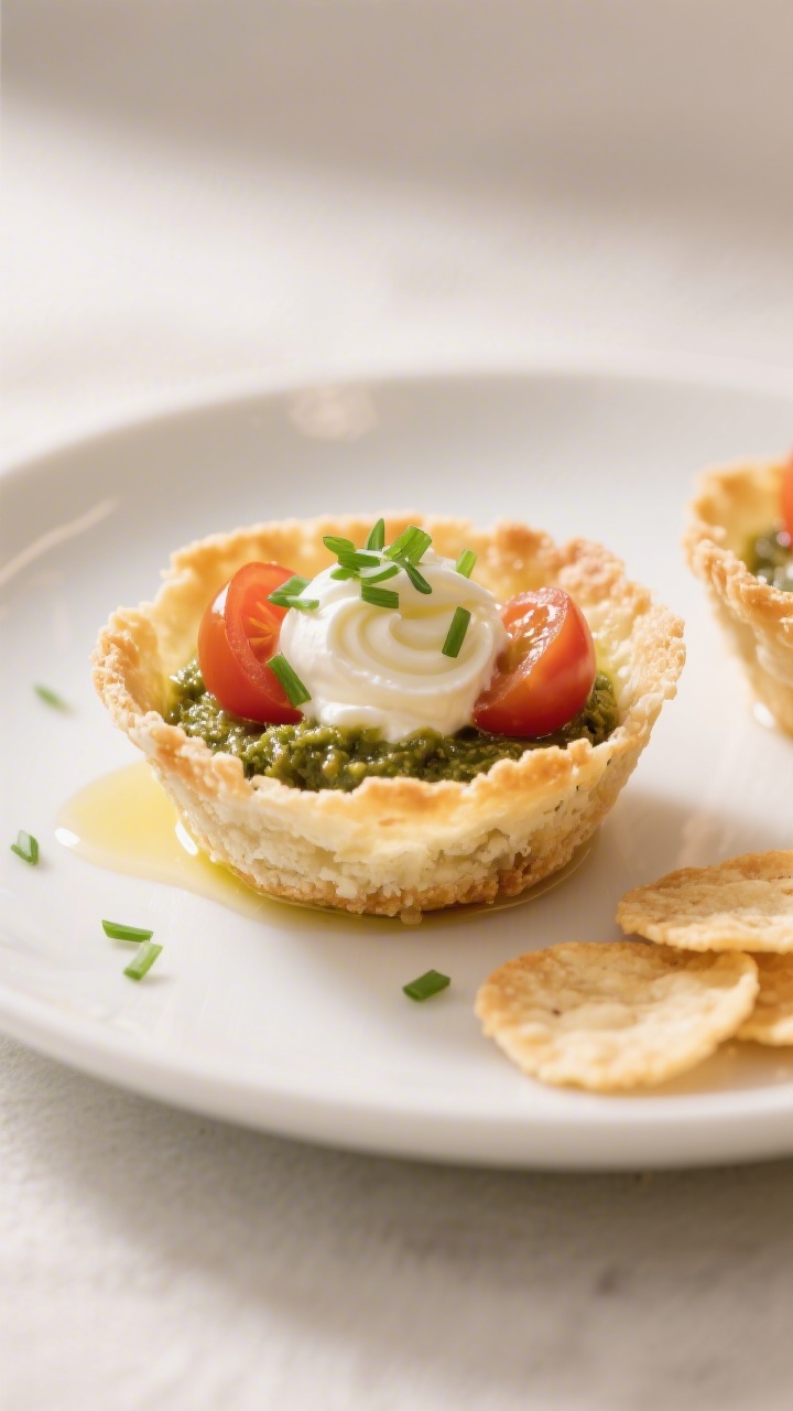 Final dish presentation: Parmesan crisp cups formed in mini muffin shape, filled with a dollop of ri