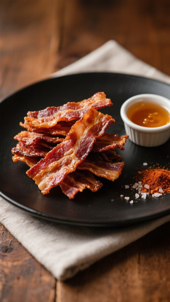 Final dish presentation, plated: Beautifully plated Air Fryer Bacon Jerky arranged in a loose stack