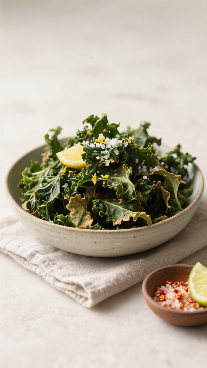 Final dish presentation: Restaurant-quality bowl of kale chips piled high in a wide, shallow ceramic