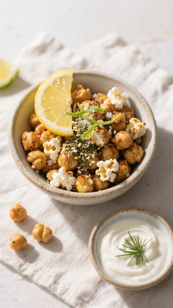 Final dish presentation: Restaurant-quality bowl of popcorn chickpeas in a shallow ceramic dish, fin