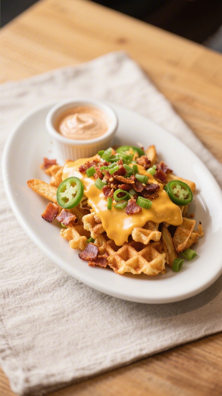 Final dish presentation: Restaurant-quality plate of Loaded Waffle Fries—melted cheddar draped ove