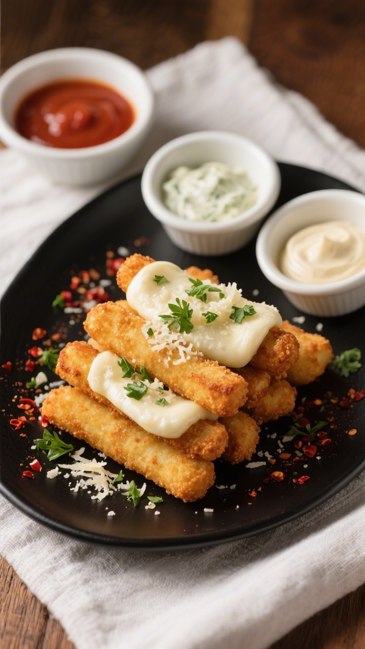 Final dish presentation: Restaurant-quality plate of air-fried mozzarella sticks stacked on a matte