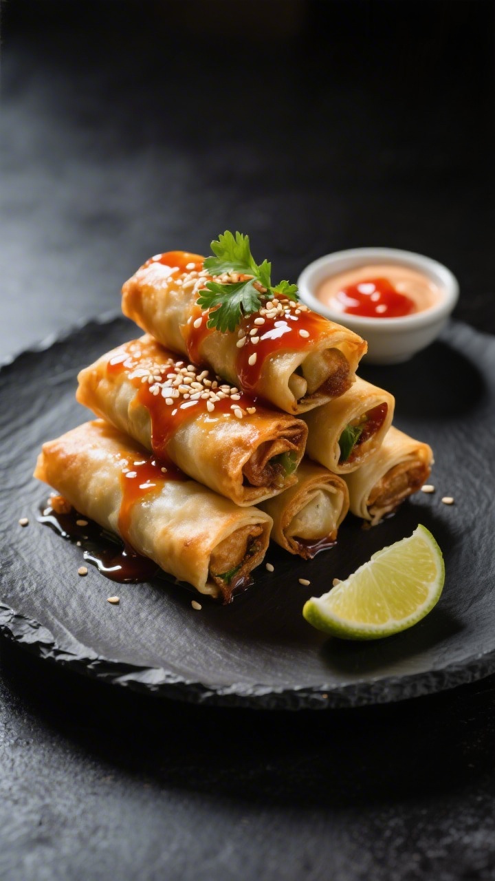 Final dish presentation: Restaurant-quality plate of regular-size spring rolls stacked neatly with a