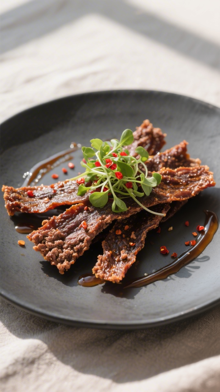 Final dish presentation: Restaurant-quality plating of air fryer ground beef jerky on a matte charco
