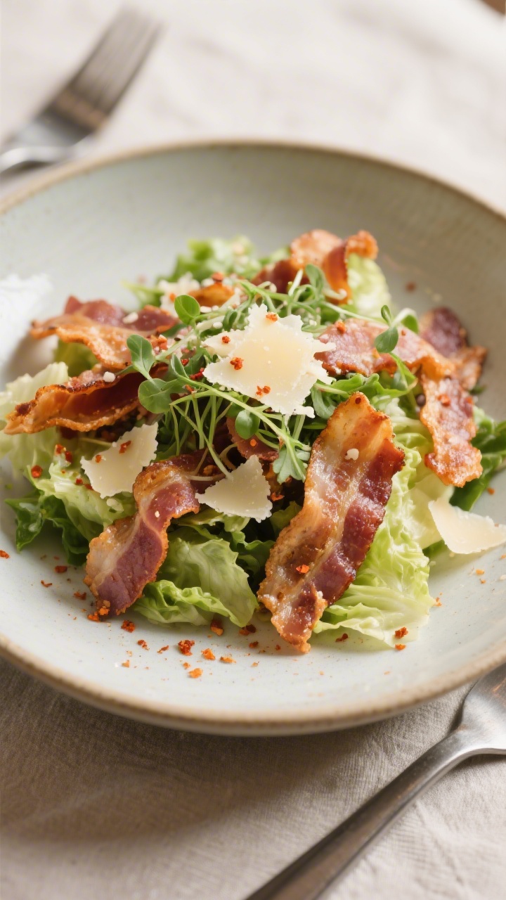 Final dish presentation: Restaurant-quality plating of bacon chips as a salad topper—shallow ceram