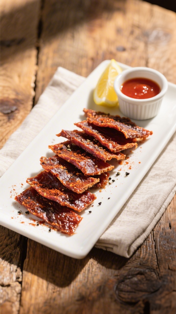 Final dish presentation: Restaurant-quality platter of finished alligator jerky, stacked and fanned