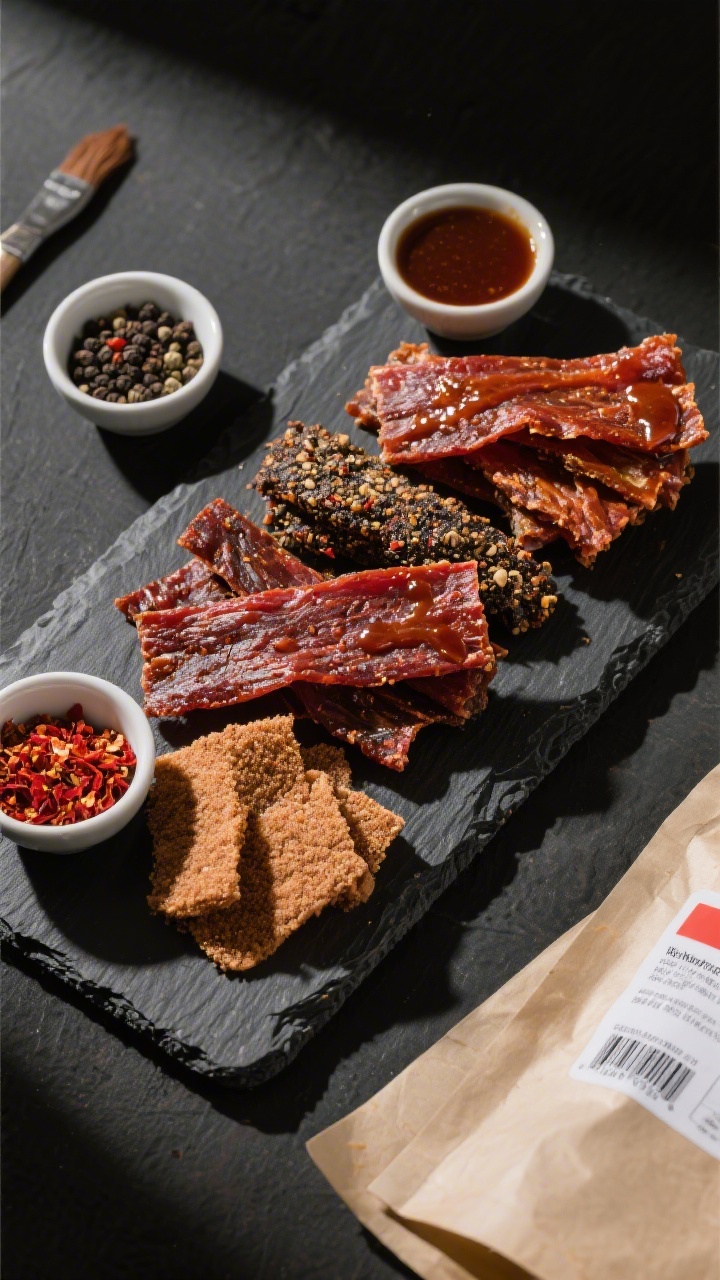 Final dish presentation: Restaurant-quality platter of assorted jerky styles—standard, extra-coars