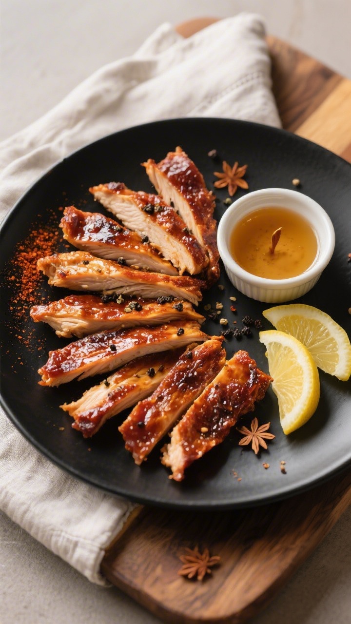 Final dish presentation: Restaurant-quality platter of finished smoky chicken jerky arranged in a ne