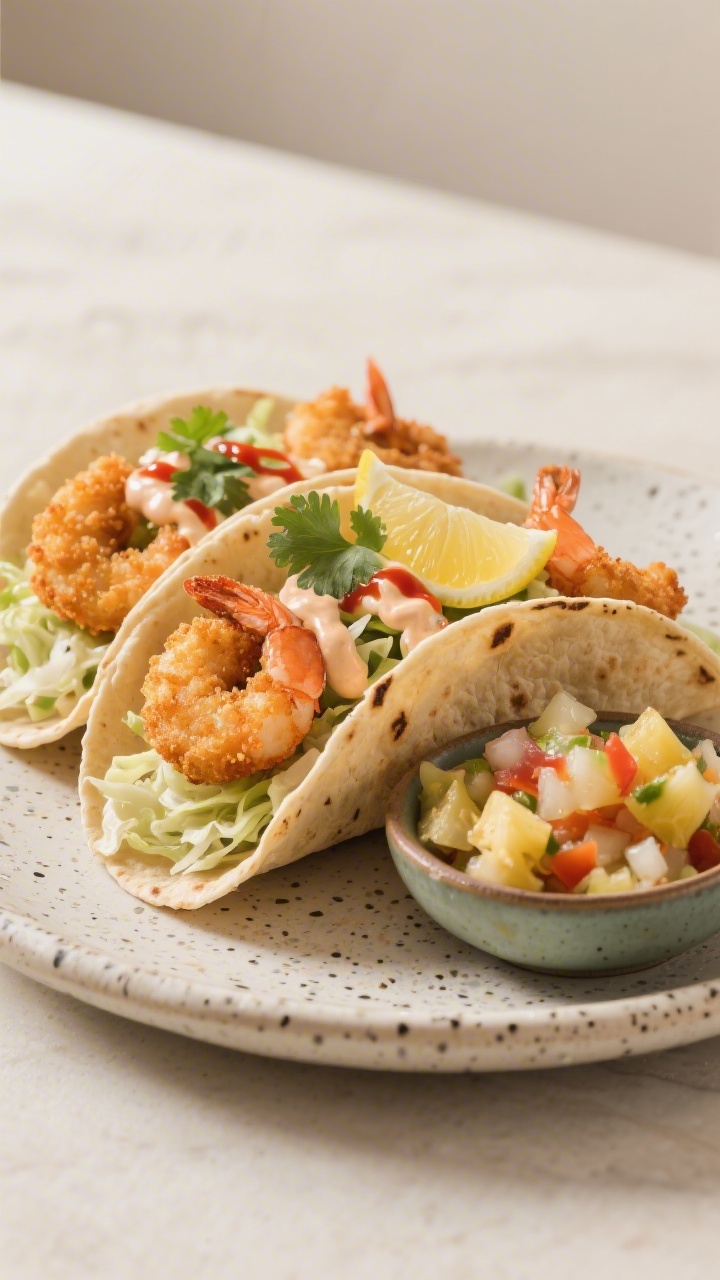 Final dish presentation: Restaurant-quality shrimp tacos featuring air-fried breaded shrimp nestled