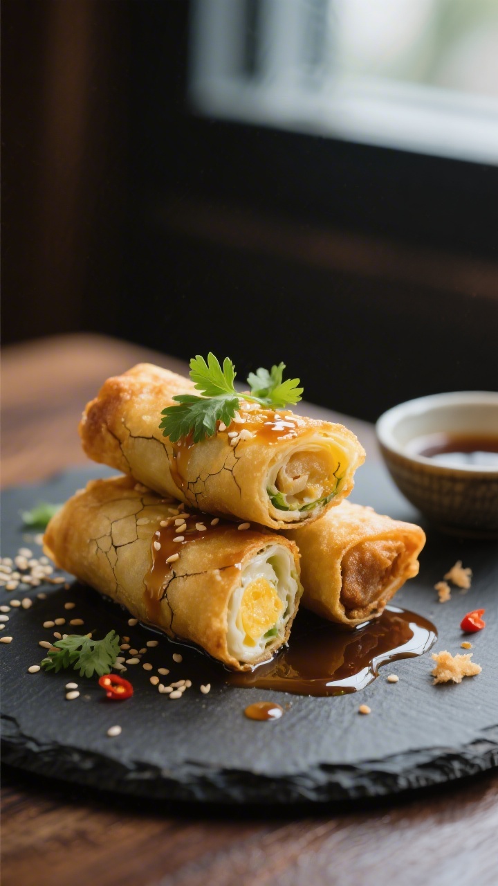 Final dish presentation: Restaurant-style plate of whole and halved crispy egg rolls stacked with in