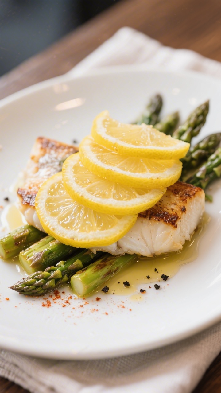 Final dish presentation: Savory air-fried lemon slices layered over a plate of grilled white fish an