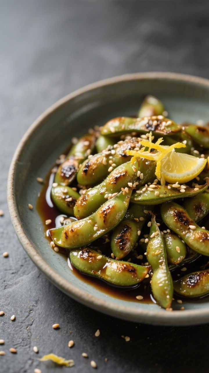 Final dish, styled plating: Restaurant-quality presentation of Air Fryer Edamame, served hot in a sh