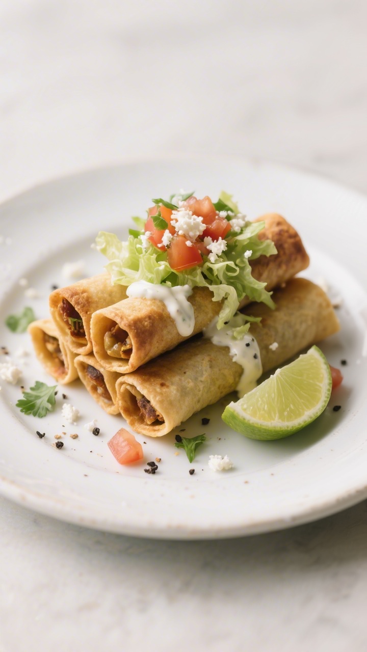 Final dish, styled variation: Street-Style Taquitos plated on a white ceramic plate—taquitos stack