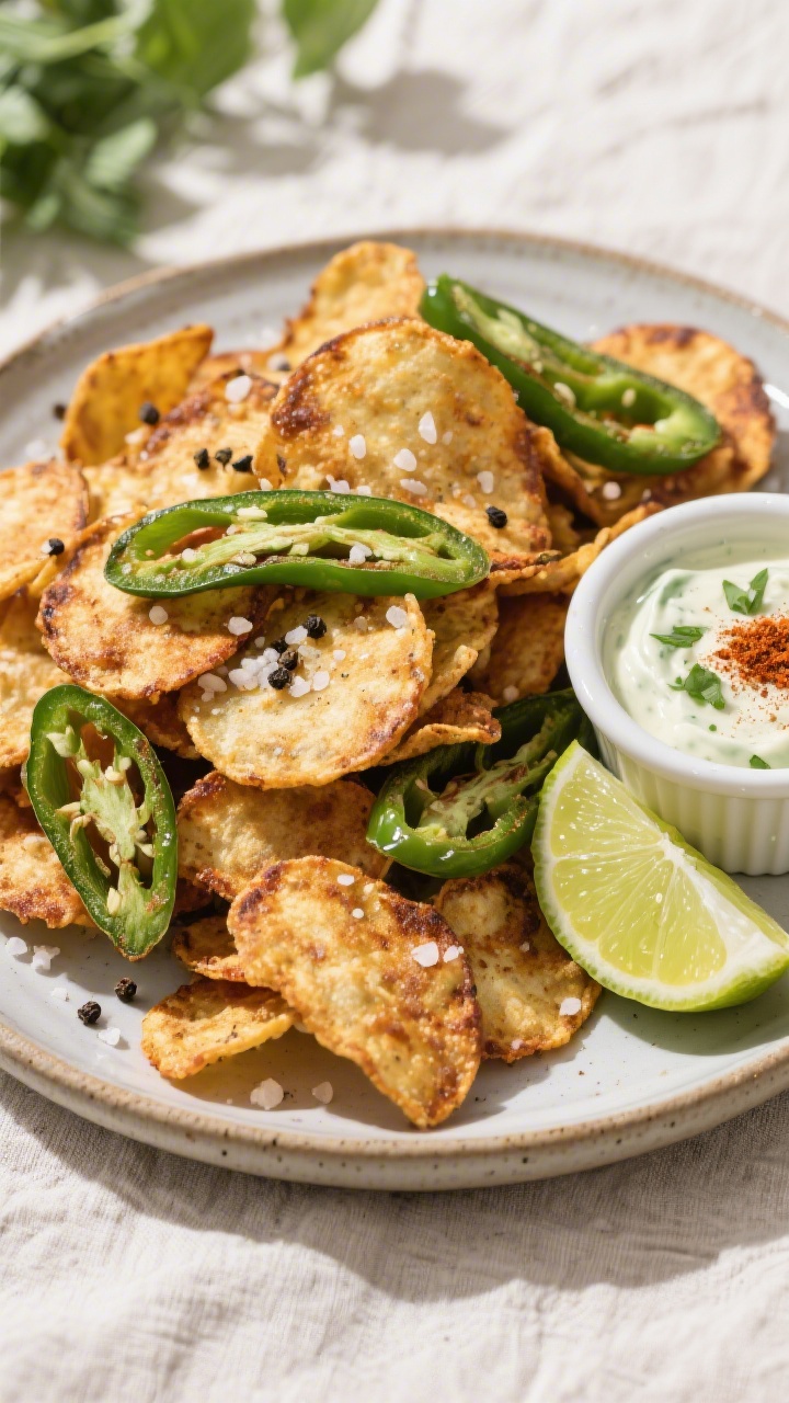 Final dish, tasty top view: Overhead shot of a rustic platter piled with perfectly crisp jalapeno ch