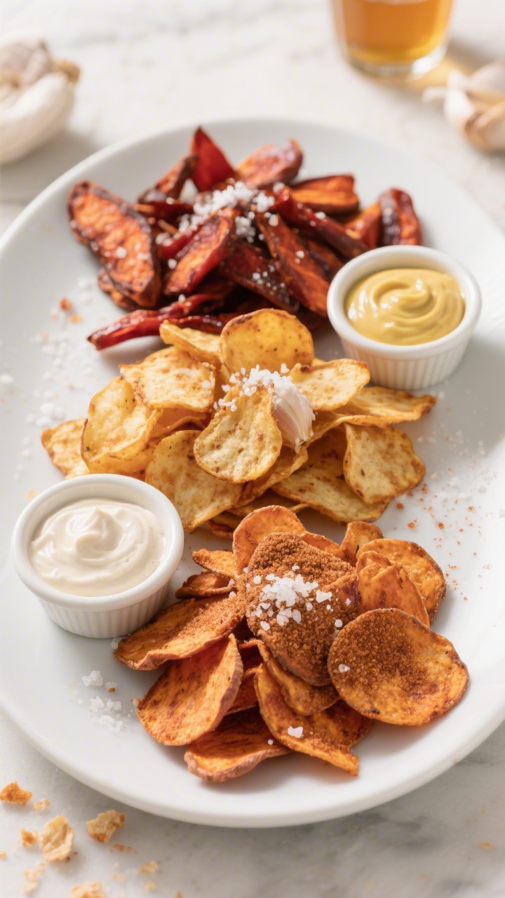 Final dish, tasty top view: Overhead shot of three flavor variations of finished sweet potato chips